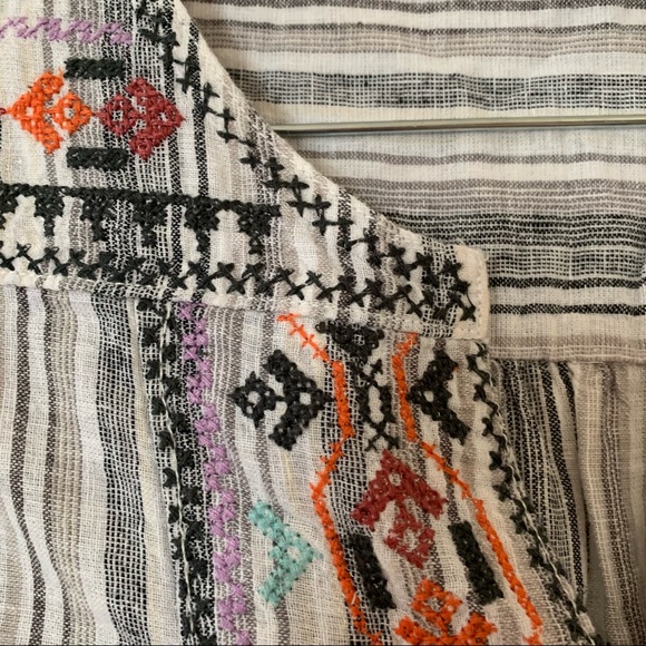 Beach Lunch Lounge Linen Blend Tank Folk Embroidered stripes gray Size Large - Picture 2 of 5